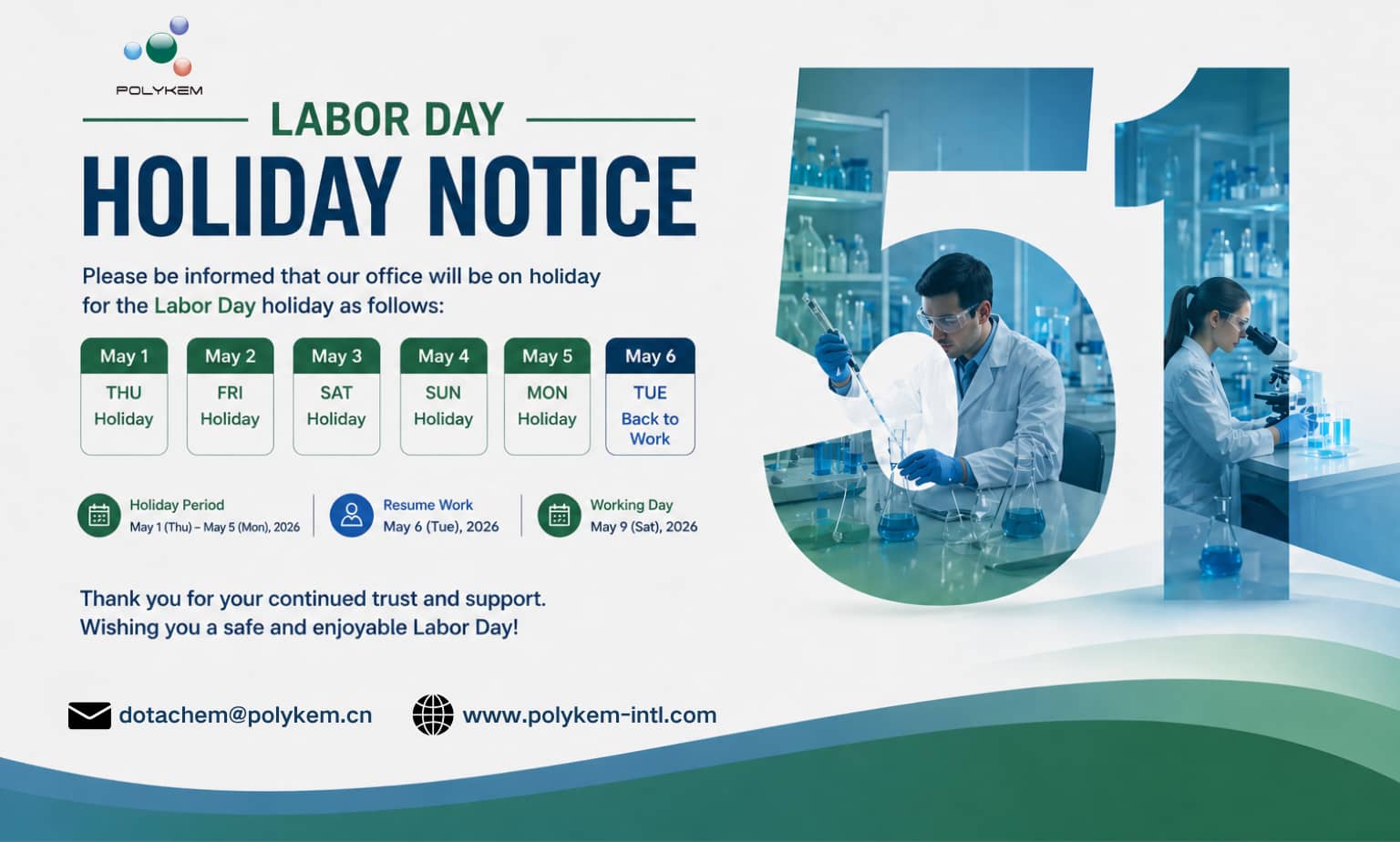 Polykem Labour Day Dogovor o praznikih in Opomnik za načrtovanje naročil